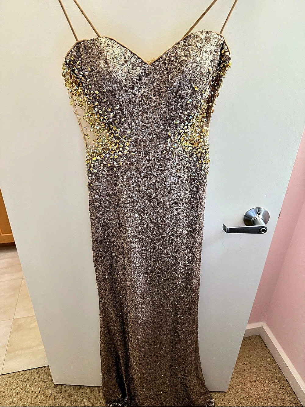 La Femme Beaded Sequin Maxi Dress in Brown & Gold Size 6 Like New